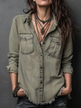 NWT FUTARIO Vintage Pockets Long Sleeve Washed Blouse Size L